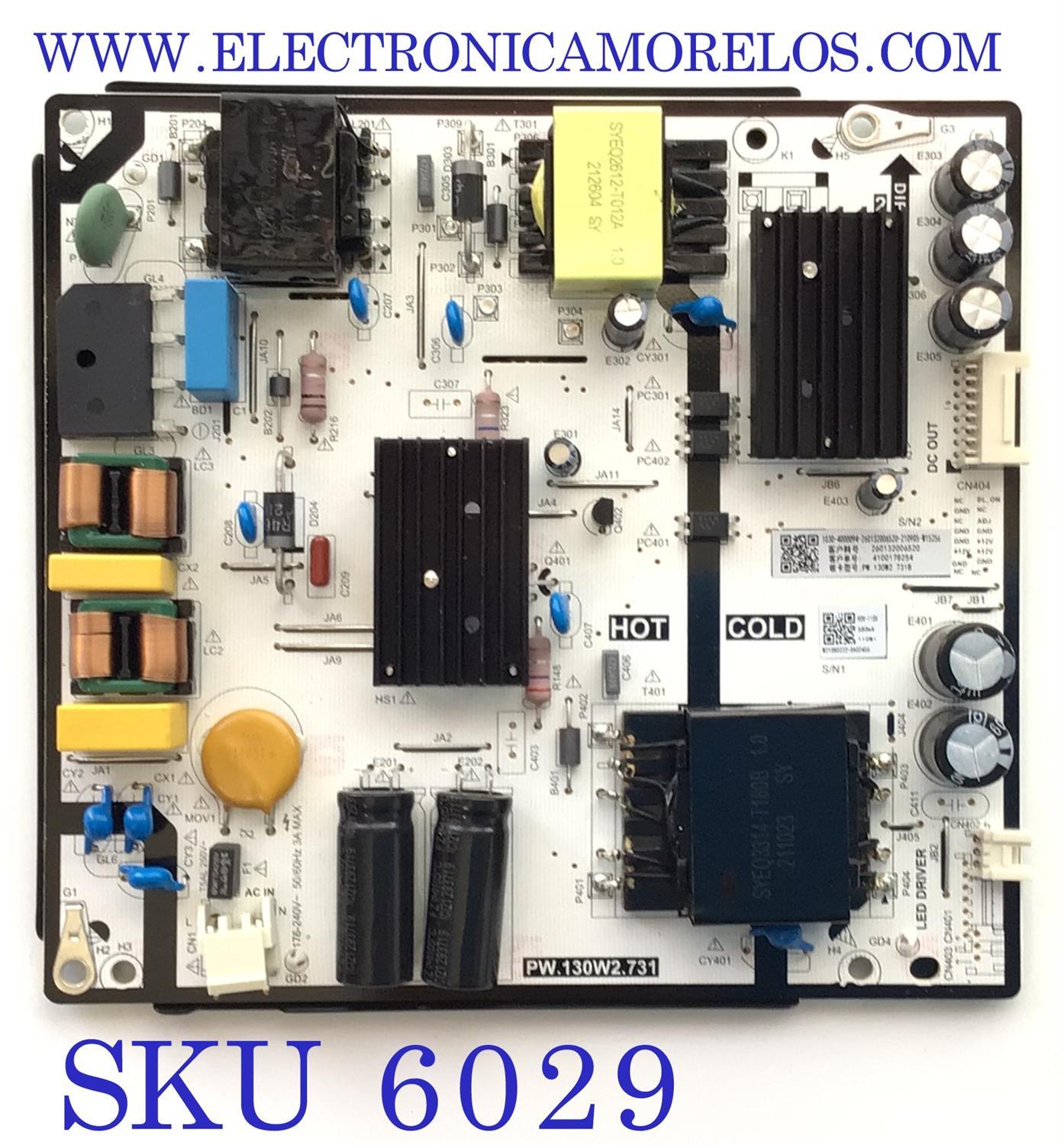 FUENTE PARA TV ONN / NUMERO DE PARTE 260132006520 / PW.130W2.731 / 4100178254 / W21080222-0A02466 / PANEL C500Y19-5C / MODELO 100012585 / MODELO DE 50''